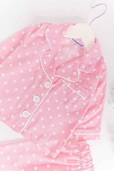 Puantiye Desenli Önden Düğmeli Kız Bebek Pijama Takımı PEMBE -  6-9 AY
