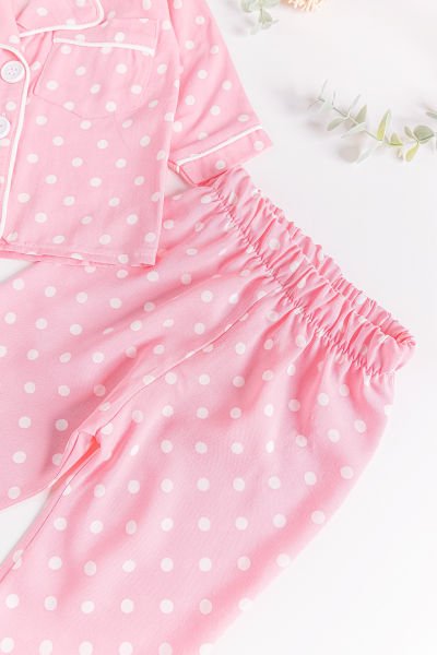 Puantiye Desenli Önden Düğmeli Kız Bebek Pijama Takımı PEMBE -  6-9 AY