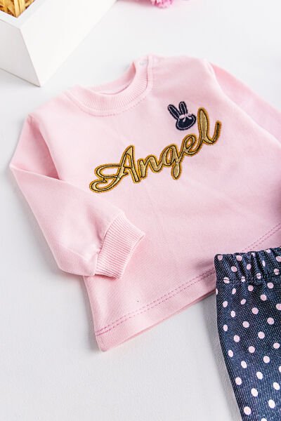 Angel İşlemeli Kapüşonlu Yelekli 3 Parça Kız Bebek Takım