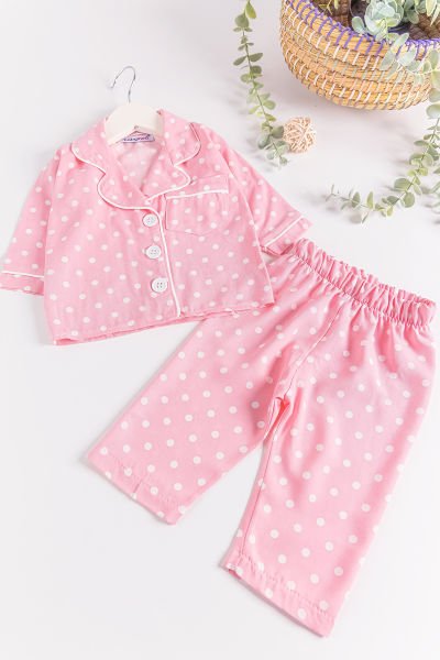 Puantiye Desenli Önden Düğmeli Kız Bebek Pijama Takımı PEMBE -  12-18 AY