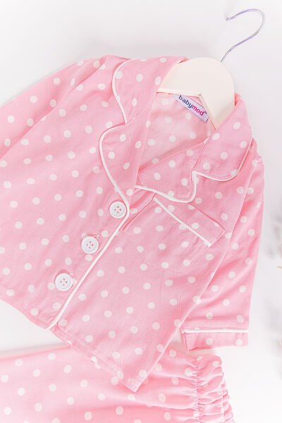Puantiye Desenli Önden Düğmeli Kız Bebek Pijama Takımı PEMBE - 18-24 AY