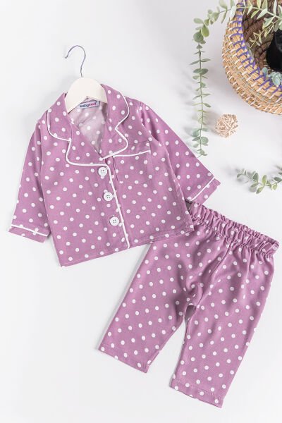 Puantiye Desenli Önden Düğmeli Kız Bebek Pijama Takımı MOR -  6-9 AY