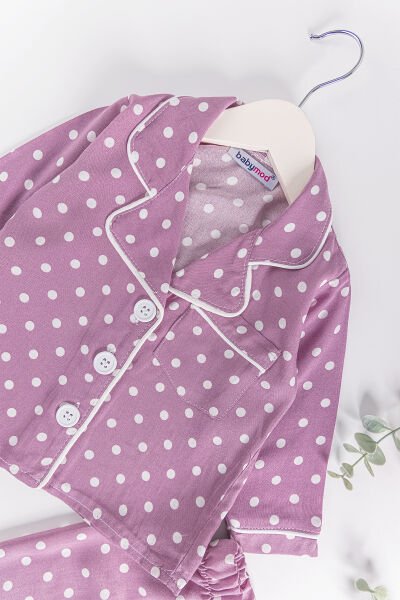 Puantiye Desenli Önden Düğmeli Kız Bebek Pijama Takımı MOR -  6-9 AY