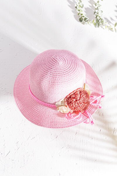 Çiçek Süslemeli Kız Çocuk Hasır Şapka PEMBE - 6-12 Yaş