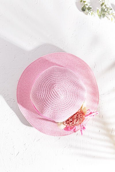 Çiçek Süslemeli Kız Çocuk Hasır Şapka PEMBE - 6-12 Yaş