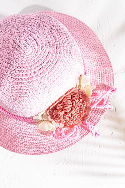 Çiçek Süslemeli Kız Çocuk Hasır Şapka PEMBE - 6-12 Yaş