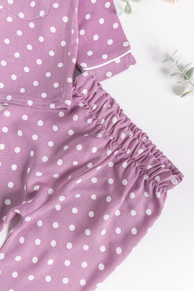 Puantiye Desenli Önden Düğmeli Kız Bebek Pijama Takımı MOR -  9-12 AY
