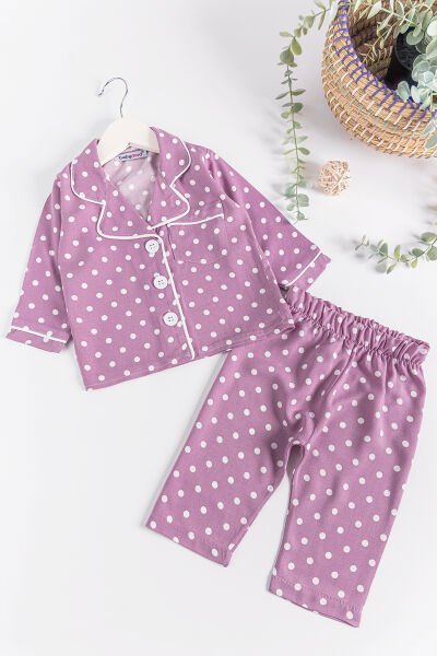 Puantiye Desenli Önden Düğmeli Kız Bebek Pijama Takımı MOR -  9-12 AY