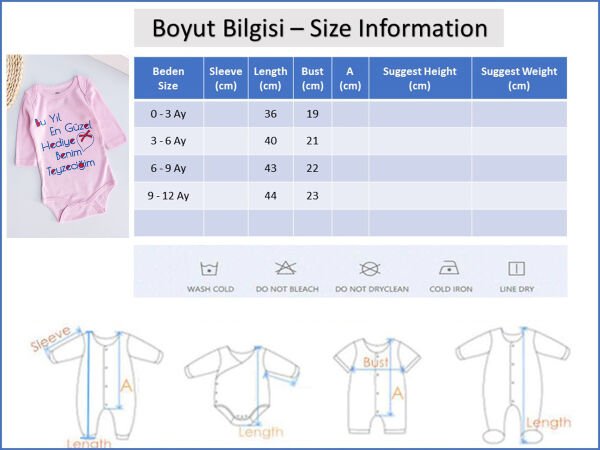 Yazı Baskılı Uzun Kollu Kız Bebek Çıt Çıtlı Body Bebek Zıbın