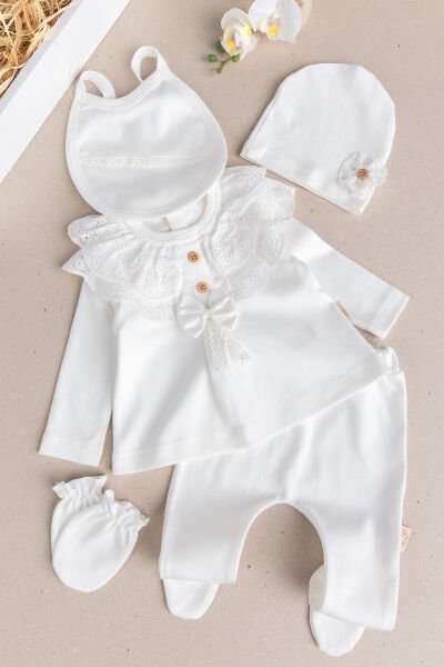 Güpürlü Fiyonklu Pamuklu 5'li Kız Bebek Hastane Çıkışı Bebek Takımı