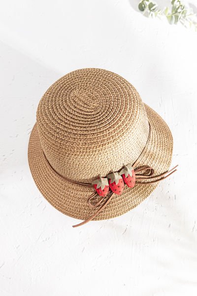 Çilek Figürlü Kız Çocuk Hasır Şapka Camel - 2-6 Yaş