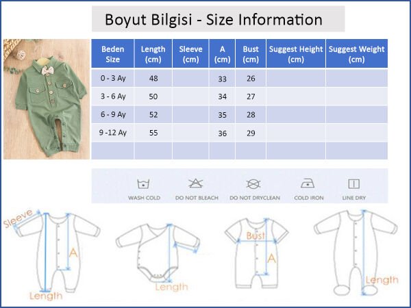 Papyonlu Önden Düğmeli Erkek Bebek Tulum YEŞİL -  9-12 AY