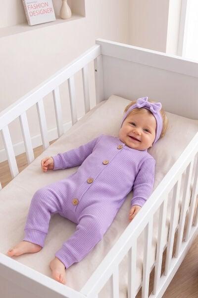 Fitilli  Düğme İliklemeli  Saç Bandlı  Pamuklu Kız Bebek Tulum Set