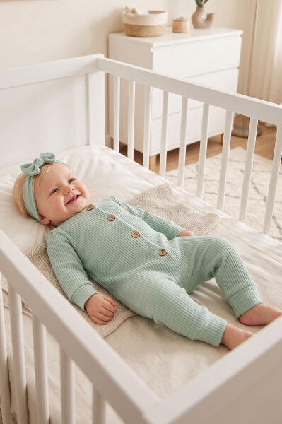 Fitilli  Düğme İliklemeli  Saç Bandlı  Pamuklu Kız Bebek Tulum Set