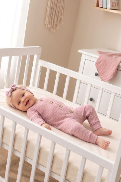 Fitilli  Düğme İliklemeli  Saç Bandlı  Pamuklu Kız Bebek Tulum Set
