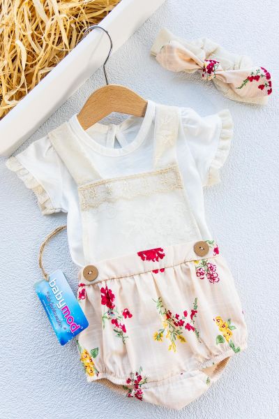 Güpürlü Bandanalı Üçlü Kız Bebek Tulum Takım