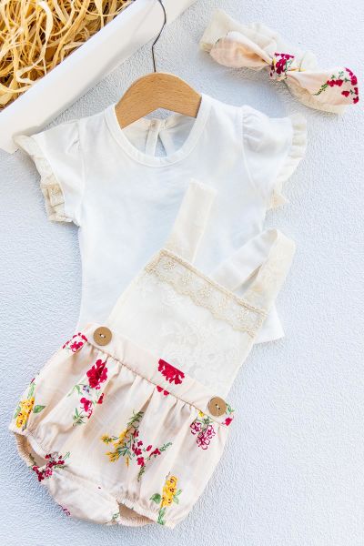 Güpürlü Bandanalı Üçlü Kız Bebek Tulum Takım