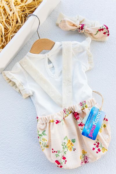 Güpürlü Bandanalı Üçlü Kız Bebek Tulum Takım