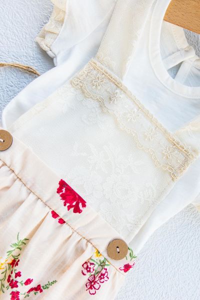 Güpürlü Bandanalı Üçlü Kız Bebek Tulum Takım