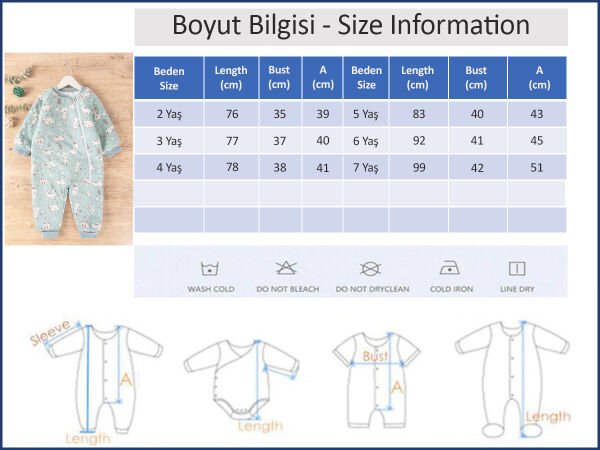 Tavşan Desenli Kız/Erkek Çocuk Uyku Tulumu SU YEŞİLİ - 5 Yaş