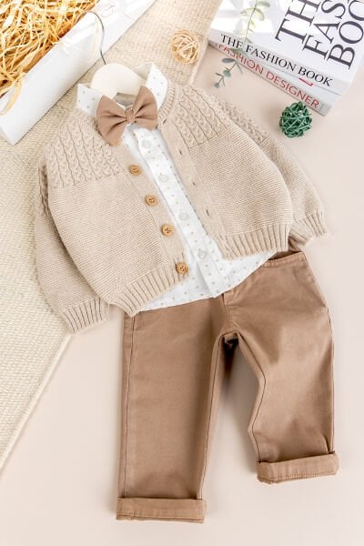 Triko Hırkalı 4 Parça Şık Erkek Bebek-Çocuk Takım Set