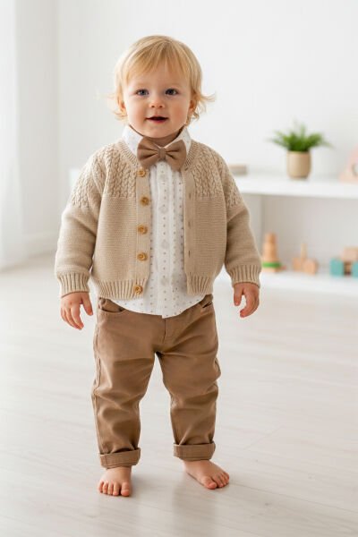 Triko Hırkalı 4 Parça Şık Erkek Bebek-Çocuk Takım Set