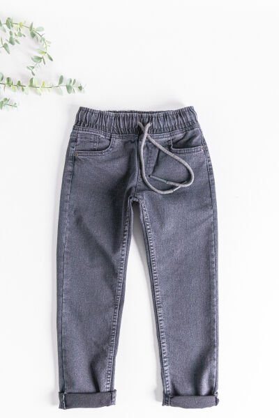 Beli Lastikli Denim Kumaş Unisex Çocuk Denim Pantolon Füme -  7-8 Yaş