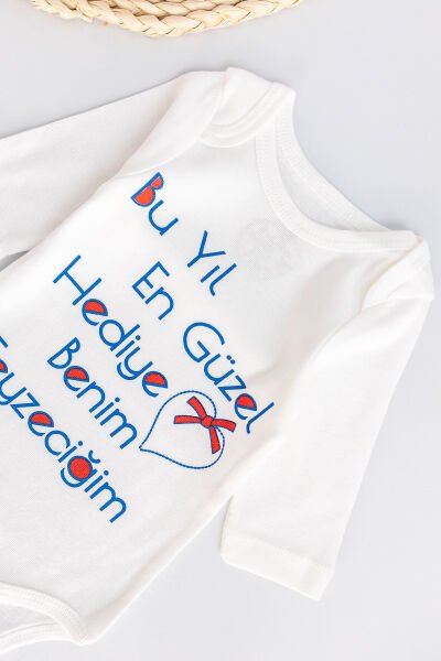Yazı Baskılı Uzun Kollu Bebek Çıt Çıtlı Body Bebek Zıbın