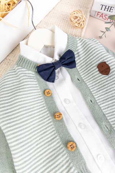 Triko Hırkalı Papyonlu 4 Parça Şık Erkek Bebek-Çocuk Takım Set