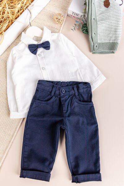 Triko Hırkalı Papyonlu 4 Parça Şık Erkek Bebek-Çocuk Takım Set