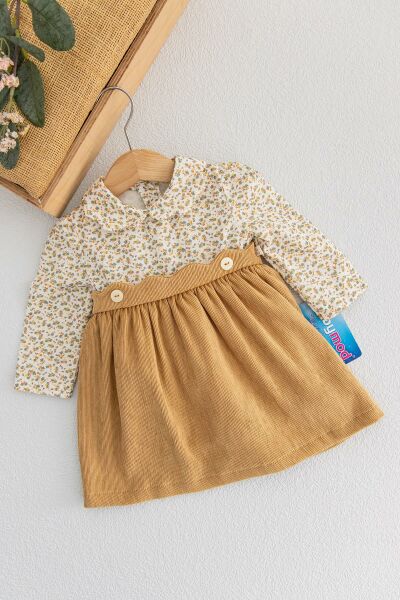 Gömlek Detaylı Kadife Etekli Kız Bebek Elbise