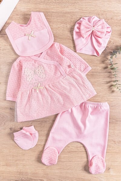 Kelebek İşlemeli Tüllü 5 Parça Kız Bebek Hastane Çıkışı Bebek Takımı