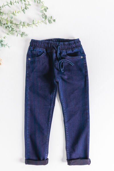Beli Lastikli Denim Kumaş Unisex Çocuk Denim Pantolon LACİVERT - 10-11 Yaş
