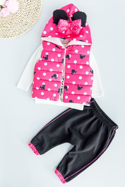 Minnie Mouse Figürlü Kapüşonlu Şişme Yelekli 3 Parça Kız Bebek Takım