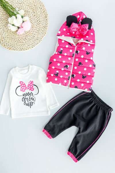 Minnie Mouse Figürlü Kapüşonlu Şişme Yelekli 3 Parça Kız Bebek Takım