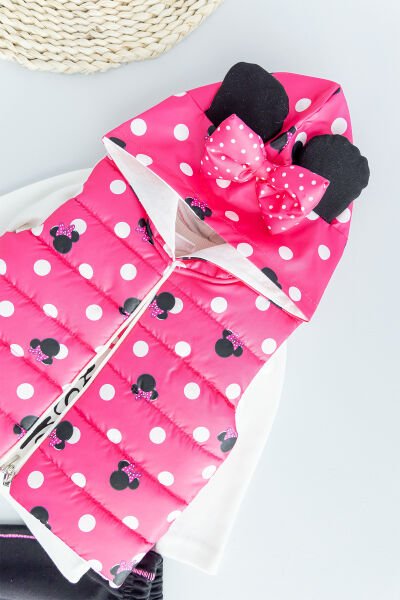 Minnie Mouse Figürlü Kapüşonlu Şişme Yelekli 3 Parça Kız Bebek Takım