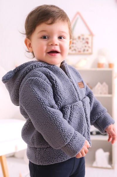 Welsoft Penye Astarlı Kapüşonlu Erkek Bebek Mont GRİ - 9 Ay
