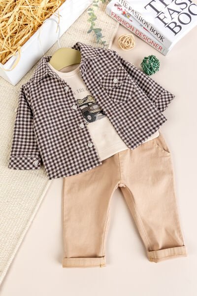 Gömlekli 3'lü 100% Pamuk Şık Erkek Bebek Takım Set