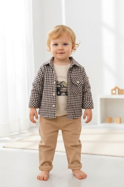 Gömlekli 3'lü 100% Pamuk Şık Erkek Bebek Takım Set