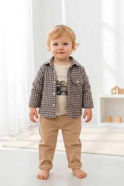 Gömlekli 3'lü 100% Pamuk Şık Erkek Bebek Takım Set