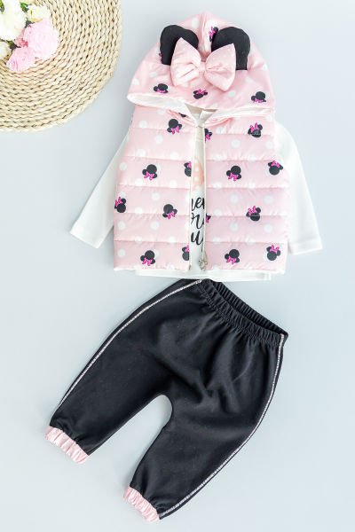 Minnie Mouse Figürlü Kapüşonlu Şişme Yelekli 3 Parça Kız Bebek Takım