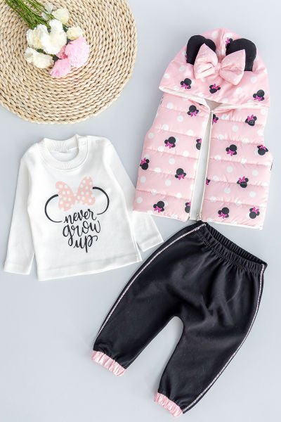 Minnie Mouse Figürlü Kapüşonlu Şişme Yelekli 3 Parça Kız Bebek Takım