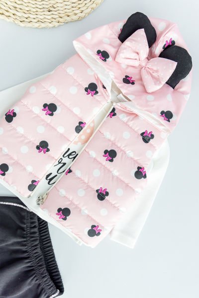 Minnie Mouse Figürlü Kapüşonlu Şişme Yelekli 3 Parça Kız Bebek Takım