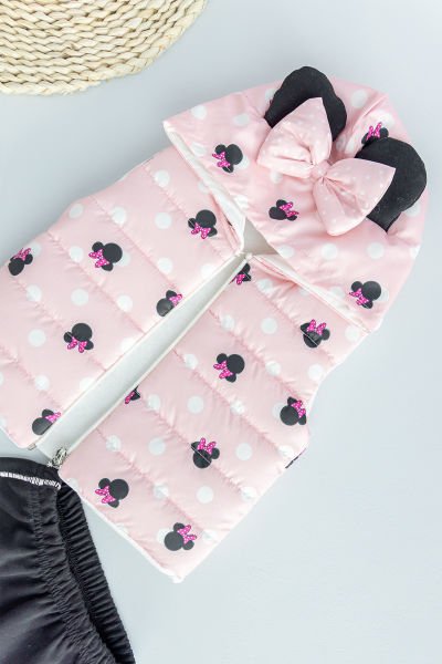 Minnie Mouse Figürlü Kapüşonlu Şişme Yelekli 3 Parça Kız Bebek Takım