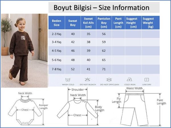 Puantiye Desenli Çocuk Takım 100% Pamuk Üç iplik Kumaş Kız Çocu Eşofman Takımı Kahverengi
