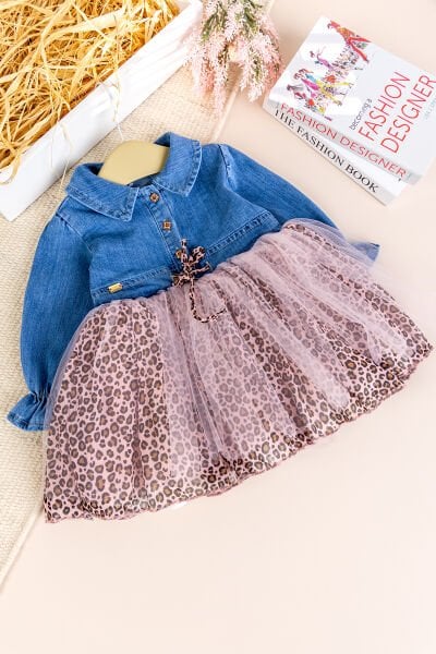 Denim Leopar Desenli Şık Özel Gün Kız Bebek Elbise