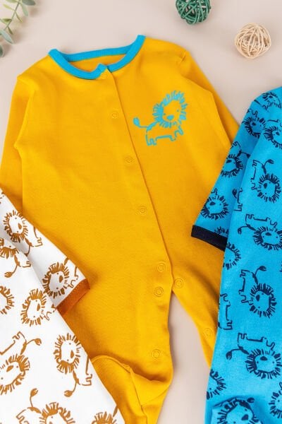 Aslan Figürlü Uzun Kollu 3'lü Erkek Bebek Tulum Takım