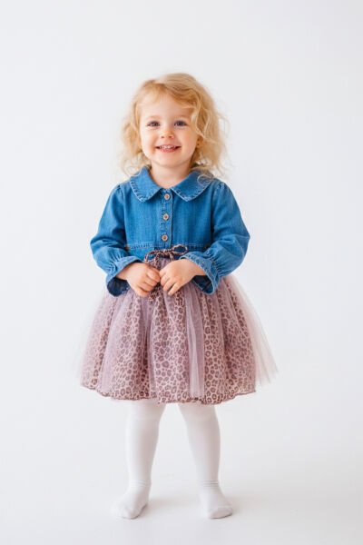 Denim Leopar Desenli 100% Pamuk Şık Özel Gün Kız Bebek Elbise PEMBE -  12-18 AY