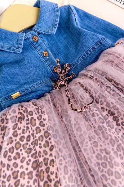 Denim Leopar Desenli 100% Pamuk Şık Özel Gün Kız Bebek Elbise PEMBE -  12-18 AY