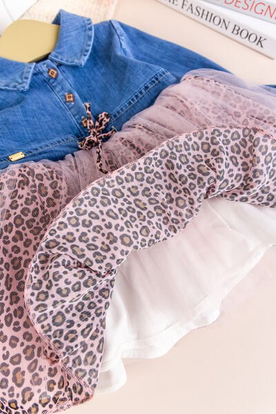 Denim Leopar Desenli 100% Pamuk Şık Özel Gün Kız Bebek Elbise PEMBE -  12-18 AY
